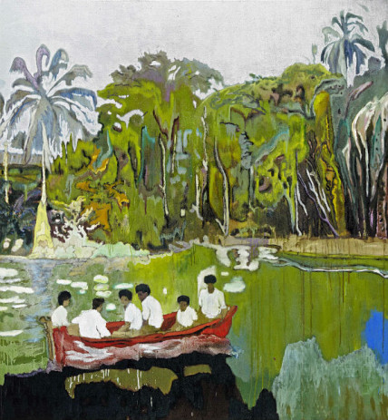 Peter Doig, Red Boat (Imaginary Boys) [Bateau rouge (Garçons imaginaires)], 2004. Huile sur toile, 200 x 186 cm. The Weston Collection.  Photo Jochen Littkemann 
