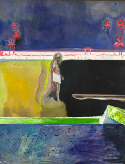 Peter Doig, Walking Figure by Pool (Personnage marchant près d’une piscine), 2011. Huile sur lin, 260 × 200 cm. Collection particulière, New York. Avec l’aimable concours de la Michael Werner Gallery, New York et Londres.