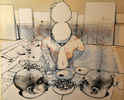Massimo Guerrera, Tête à tête, 2000-2011. Encre, crayon, acrylique, vernis polymère sur tirage numérique marouflé sur toile, 112 x 137 x 4 cm.