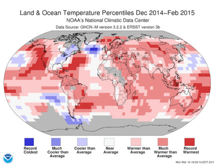 Anomalie de température Hiver 2014-2015 (NOAA)